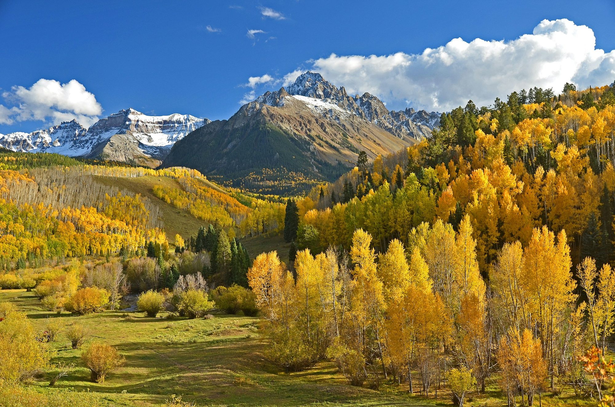 Mount Sneffels above a valley of golden aspens in Colorado's San Juan Mountains